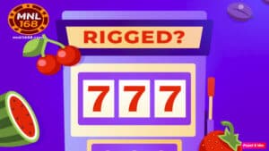 Ang larawan ay isang slot machine na may naka lagay na "rigged" at may mga numerong "777"