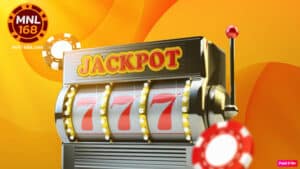 Isang slot machine na nagpapakita ng "777" bilang panalo sa jackpot na may maliwanag at masayang background.