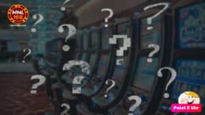 Ang larawan ay puro slot machine na may graphic na puro question mark