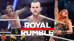 Ang larawang ito ay pinapakita ang Royal Rumble at 3 WWE Wrestler